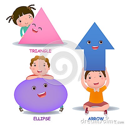 Cute little cartoon kids with basic shapes ellipse arrow Vector Illustration