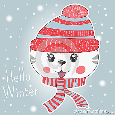 Cute little cartoon kitty in knitted cap and scarf. Vector Illustration