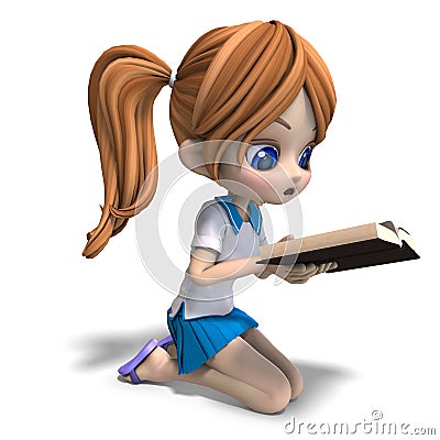 Cute little cartoon school girl reads a book Stock Photo