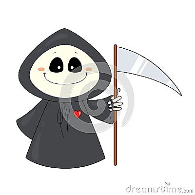 Cute little character death with a scythe, a gloomy priest in a black cloak with a spear and a red heart for your design for the H Vector Illustration