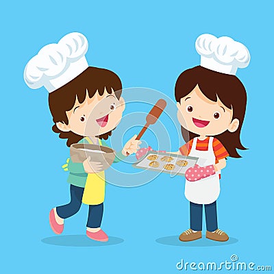 cute little chef kids bake cookies Vector Illustration