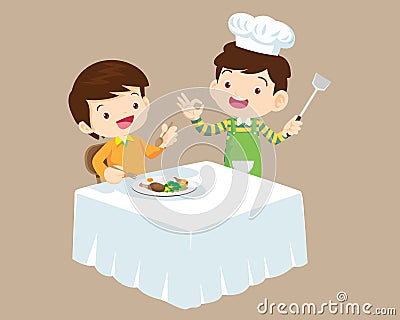 cute little chef kids serving food to table Vector Illustration