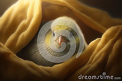 Cute little chick peeks out from under the blanket, generated by AI Stock Photo