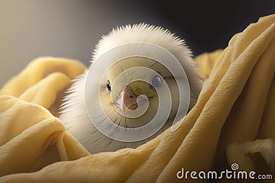 Cute little chick peeks out from under the blanket, generated by AI Stock Photo