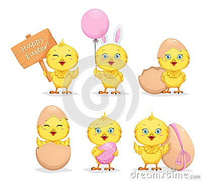 Cute little chick, set of six poses Vector Illustration