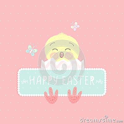 Cute little chicken in egg shell, with place for text, Happy easter . Vector illustration. Vector Illustration