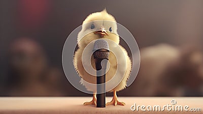 cute little chicken singing with microphone on stage, 3d render Stock Photo