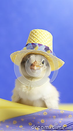 Cute little chicken wearing a hat on colored background with copy space. Stock Photo
