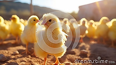 Cute little chickens on chicken farm on sunny day, closeup Stock Photo