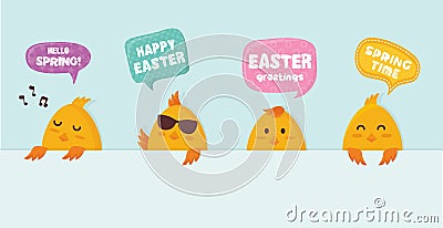 Cute little chicks bunner with greeting speech bubbles- Vector Vector Illustration