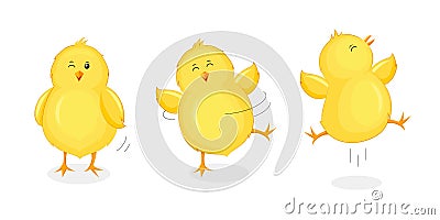 Cute little chicks jumping and dancing. Vector Illustration