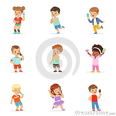 Cute little children eating ice cream. Happy children enjoying eating with their ice cream. Cartoon detailed colorful Vector Illustration