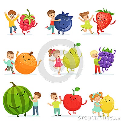 Cute little children having fun and playing with big fruits, set for label design. Colorful cartoon characters detailed Vector Illustration