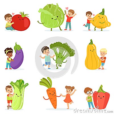 Cute little children having fun and playing with big vegetables, set for label design. Colorful cartoon characters Vector Illustration