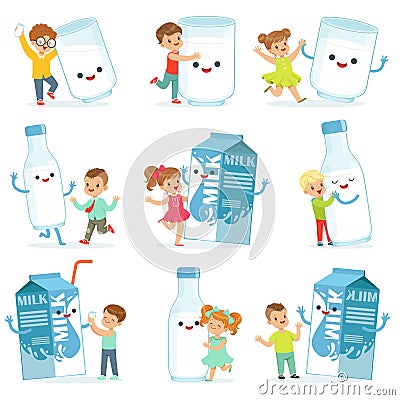 Cute little children having fun and playing with large boxes, mugs and bottles of milk, set for label design. Colorful Vector Illustration