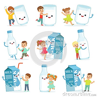 Cute little children having fun and playing with large boxes, mugs and bottles of milk, set for label design. Colorful Vector Illustration