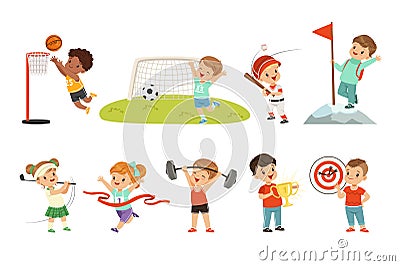 Cute little children playing different sports, footbal, soccer, golf, basketball, baseball, archery, mountaineering Vector Illustration