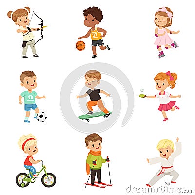 Cute little children playing different sports, soccer, basketball, archery, karate, cycling, roller skating Vector Illustration