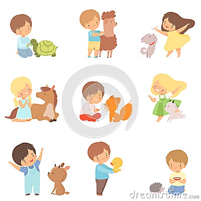 Cute Little Children Playing with Playing, Hugging and Feeding Animals, Kid Interacting with Animal in Contact Zoo Vector Illustration