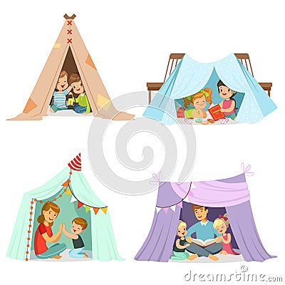 Cute little children playing with a teepee tent, set for label design. Cartoon detailed colorful Illustrations Vector Illustration