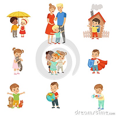 Cute little children protecting their family, friends, animals and the planet set vector Illustrations on a white Vector Illustration