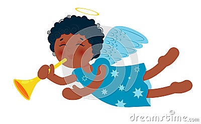 Cute little Christmas angel with trumpet. African-american baby girl. Cartoon character. Vector illustration. Vector Illustration