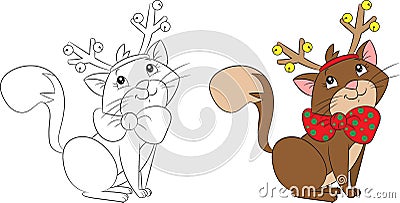 Cute little Christmas cat with reindeer antlers, perfect for children`s coloringbook Vector Illustration