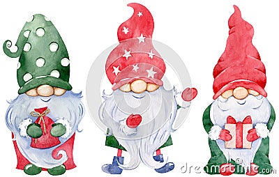 Cute Little Christmas Gnome Collection. Watercolor set of New Year`s gnomes with gifts in colorful green and red hats Stock Photo