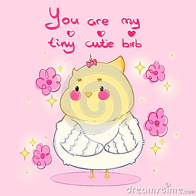 cute yellow chubby parrot on a pink background with sparkles and sketch flowers with the inscription Cartoon Illustration