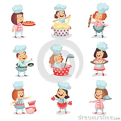 Cute little cook chief kids cartoon characters cooking food and baking detailed colorful Illustrations Vector Illustration