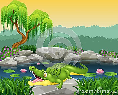 Cute little crocodile posing on the rock Vector Illustration