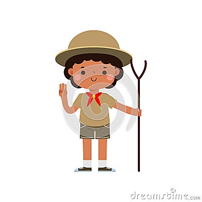 cute little Cute african american boy scout with Hiking Stick, Happy kid girl scout honor uniform summer camp Vector Illustration