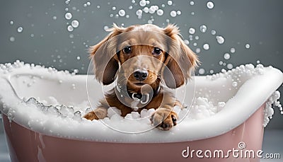 Cute little dachshund puppy taking a bath with foam. Cartoon Illustration