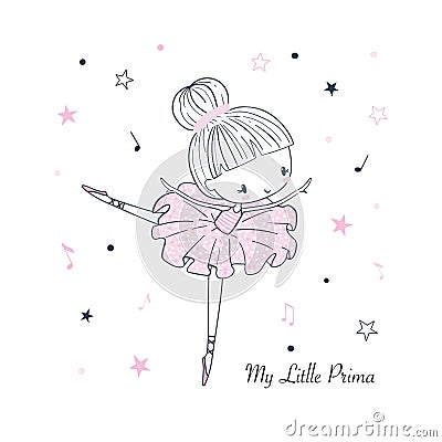 Cute little dancing Ballerina. Simple linear vector graphic isolated illustration Cartoon Illustration