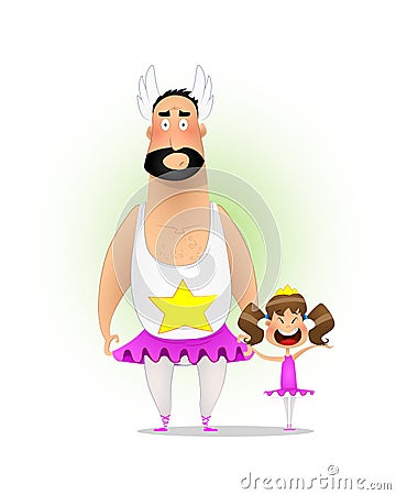 Cute little daughter and her dad in skirts Vector Illustration