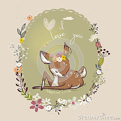 Cute little deer with floral wreath Vector Illustration