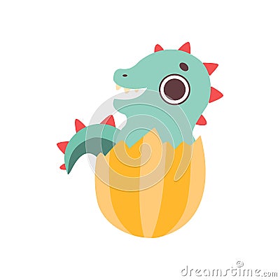 Cute Little Dino Hatched from Egg, Adorable Baby Dinosaur Character Vector Illustration Vector Illustration