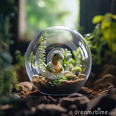 Cute little dinosaur in the terrarium. Selective focus Stock Photo