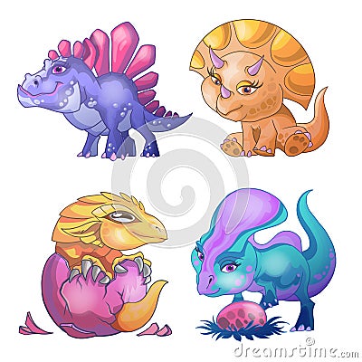 Cute little dinosaurs cartoon set. Playin with egg, stand, born from an egg. Can be used for print design greeting card used for Stock Photo