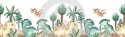 Watercolor seamless border with cute dinosaurs triceratops, mountains, prehistoric trees, pterodactyl, brontosaurus, Stock Photo