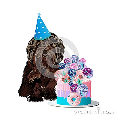 Cute little dog celebrates birthday with a delicious cake. Vector Illustration