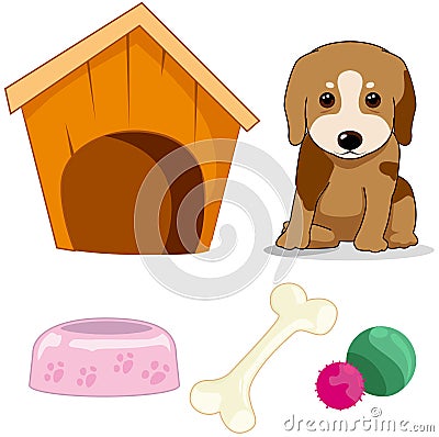 Cute little dog with doghouse ,bone,bowl and yarns Vector Illustration