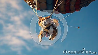 a cute little dog goes skydiving. Skydiving, dog in equipment flying through the sky. Free flight. Adrenaline emotions Stock Photo