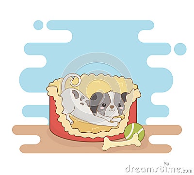 Cute little dog mascot with bed and bone Vector Illustration