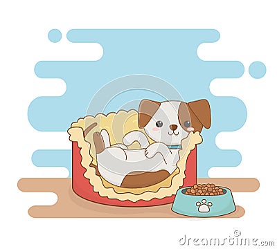 Cute little dog mascot in bed with food Vector Illustration