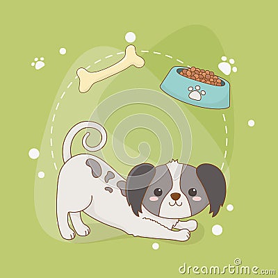Cute little dog mascot with dish and bone Vector Illustration