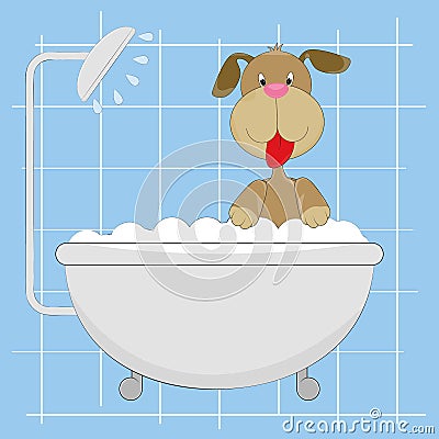 Cute little Dog taking a bath. Vector Illustration