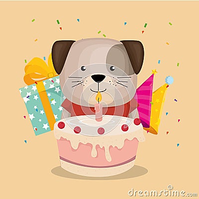 Cute and little doggy with cake and gift Vector Illustration