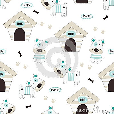 Cute little dogs and dog house seamless pattern Vector Illustration