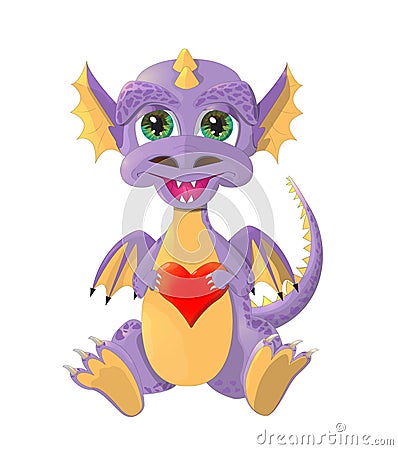 Cute little dragon with red heart. Happy Valentine. Vector Illustration